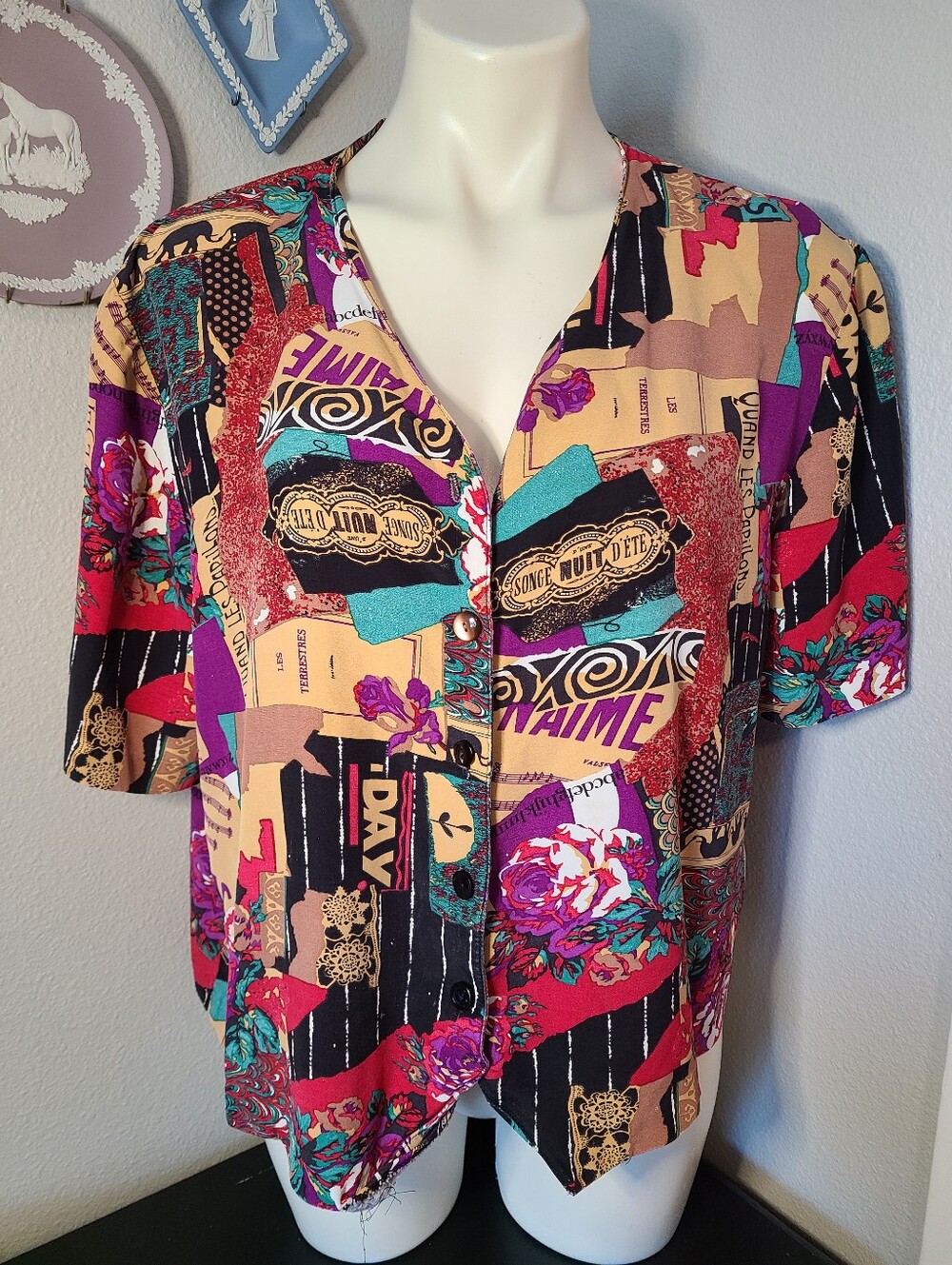 Vintage Sharon Anthony French Chaos Blouse Size L Colorful Abstract Floral